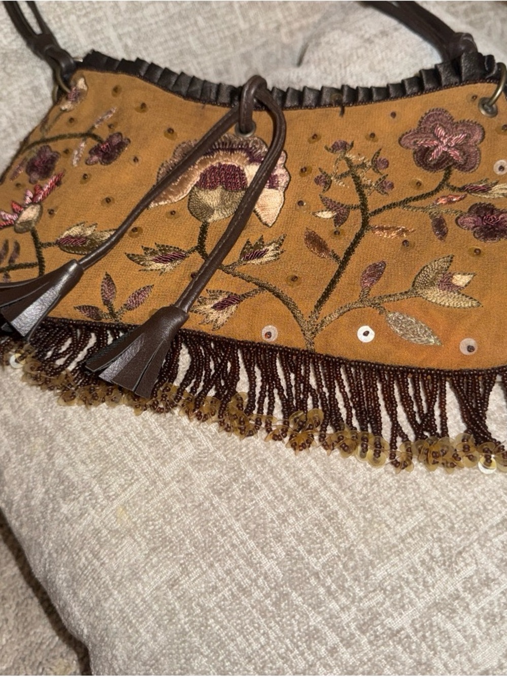 Express Brown Suede Embroidered Fringe Shoulder Bag
